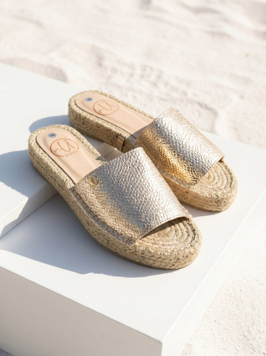 Sandalias Cuero y Yute Doradas